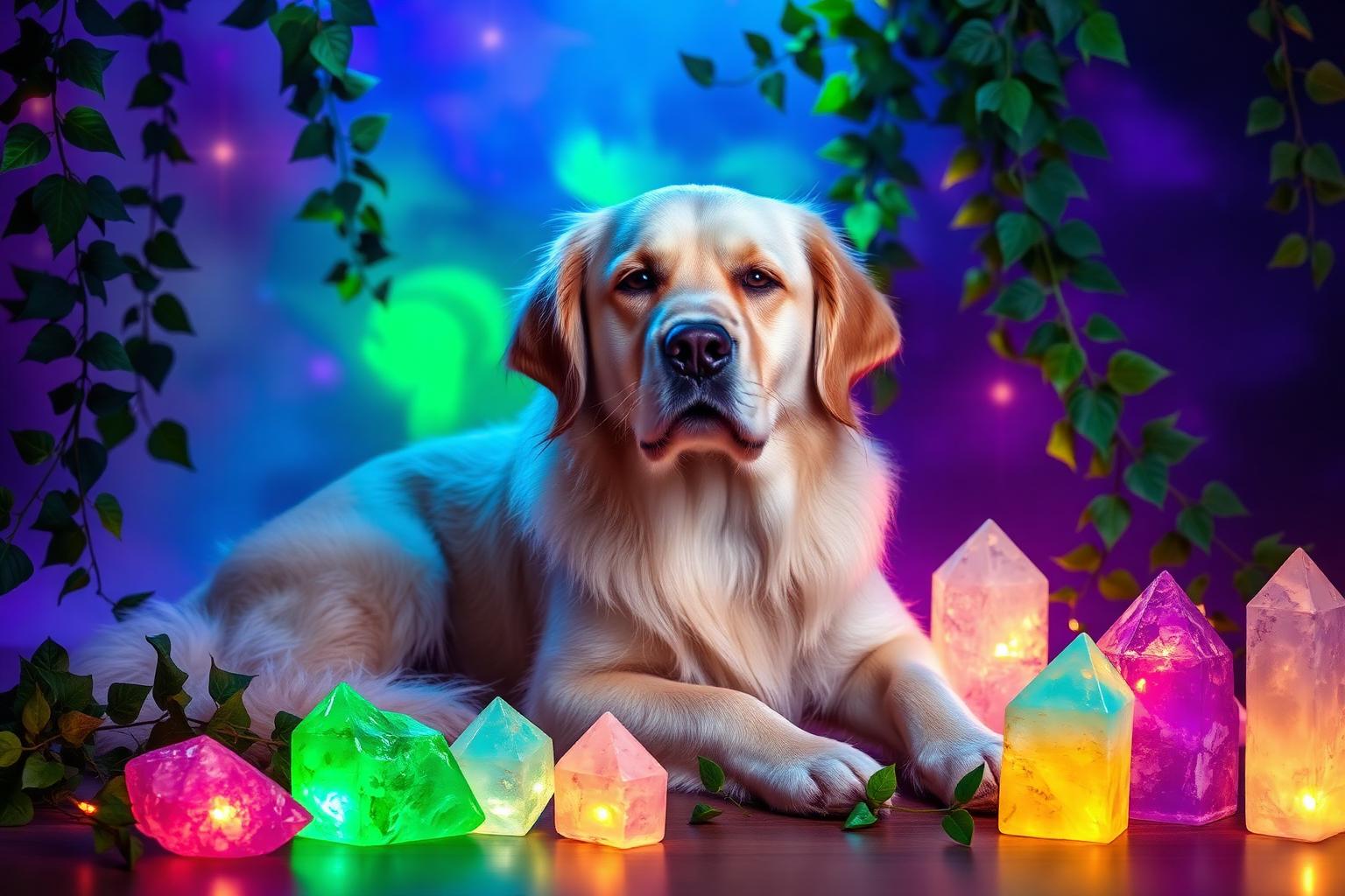 Golden retriever surrounded by healing crystals